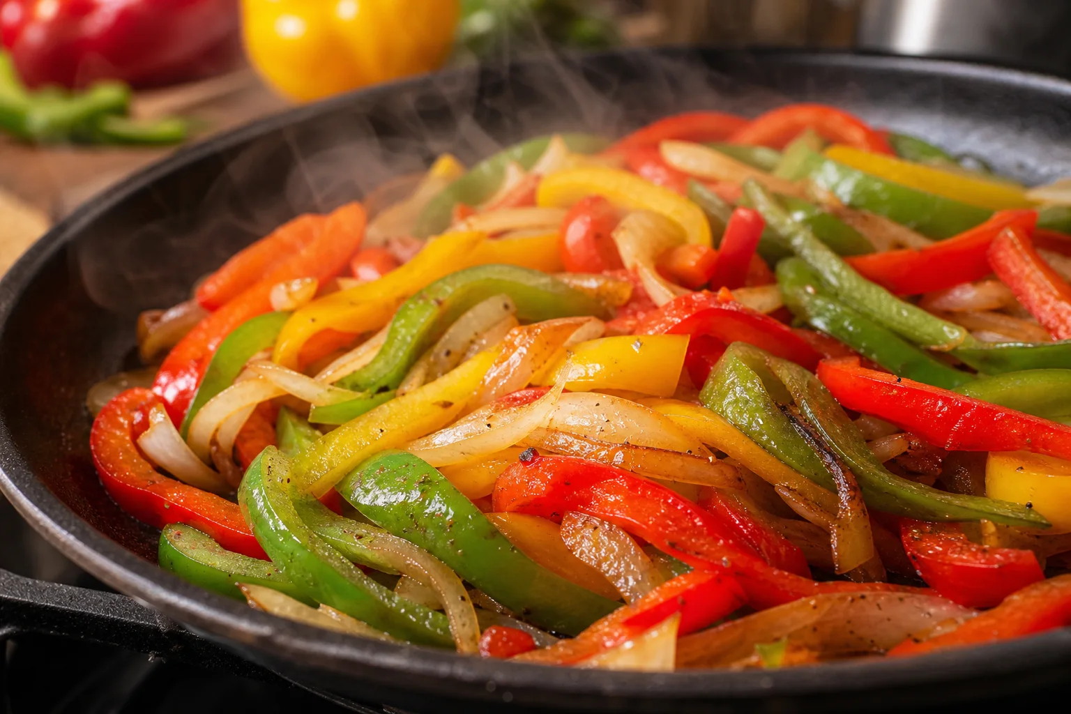 Red and green bell peppers and sliced onions sautéing in a skillet for fajita filling