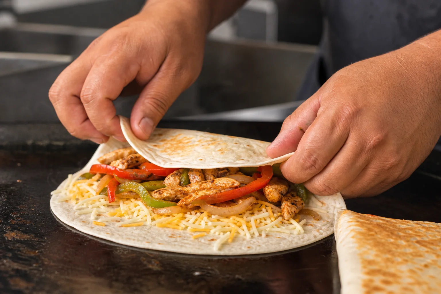 Flour tortilla being filled with shredded cheese and chicken fajita mixture before folding