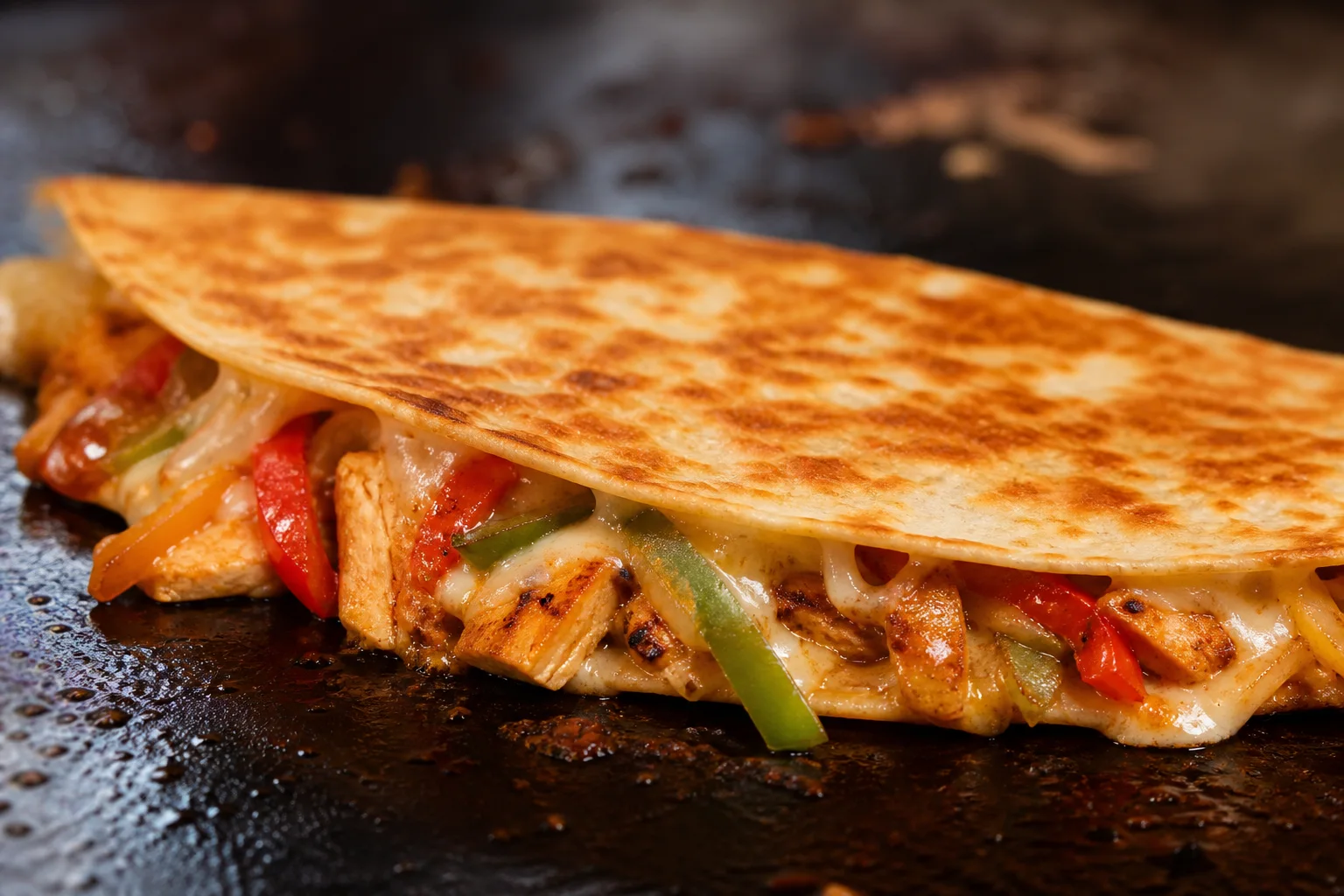 Chicken fajita quesadilla cooking golden and crispy on a flat griddle with melting cheese