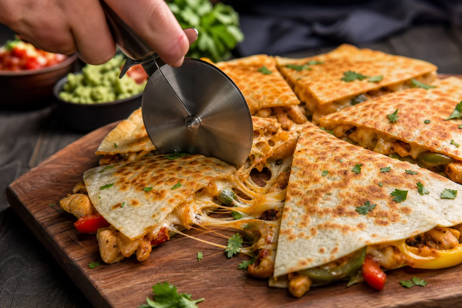 Golden chicken fajita quesadilla being cut into wedges on a wooden board