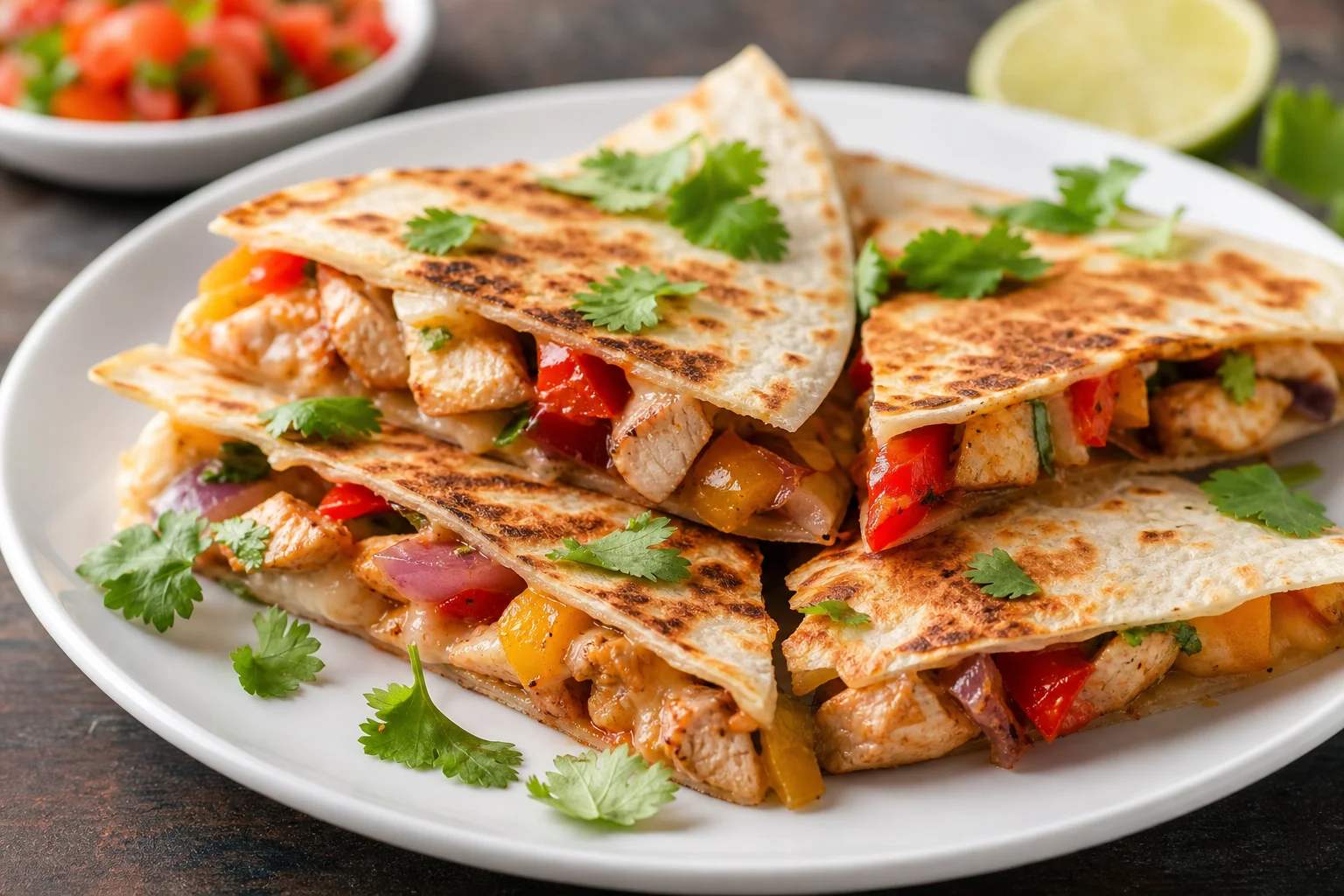 Plated chicken fajita quesadilla wedges garnished with fresh cilantro showing melted cheese and pepper filling