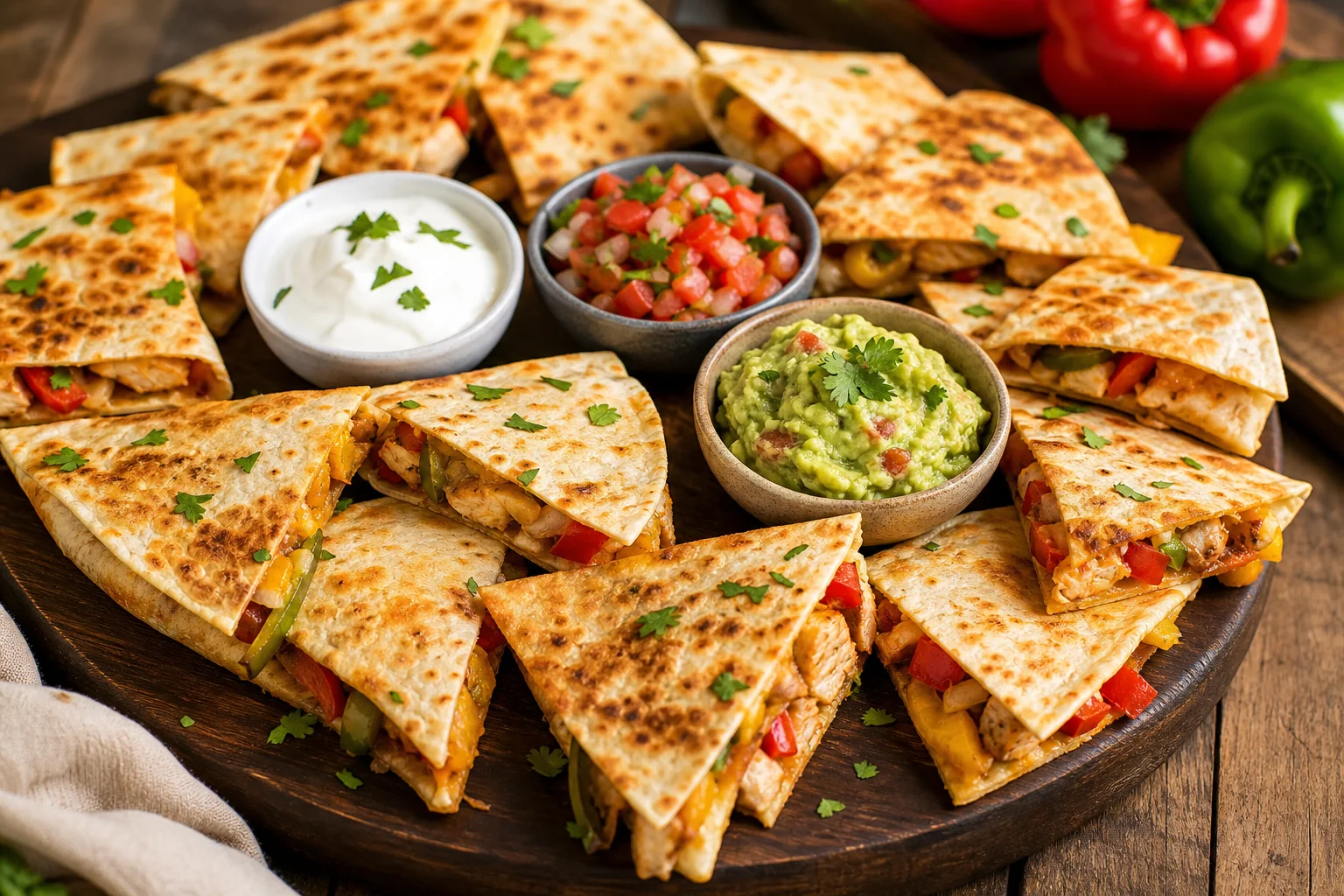 Chicken fajita quesadilla wedges served with salsa guacamole and sour cream for dipping