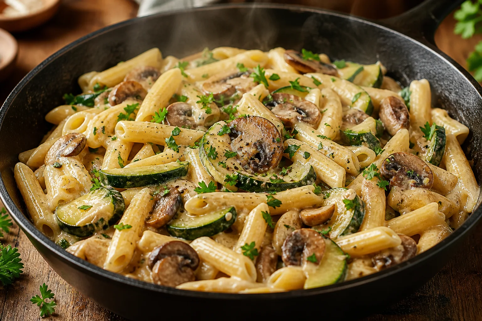 One-pot zucchini mushroom pasta in a deep skillet with penne zucchini slices and sautéed mushrooms garnished with parsley