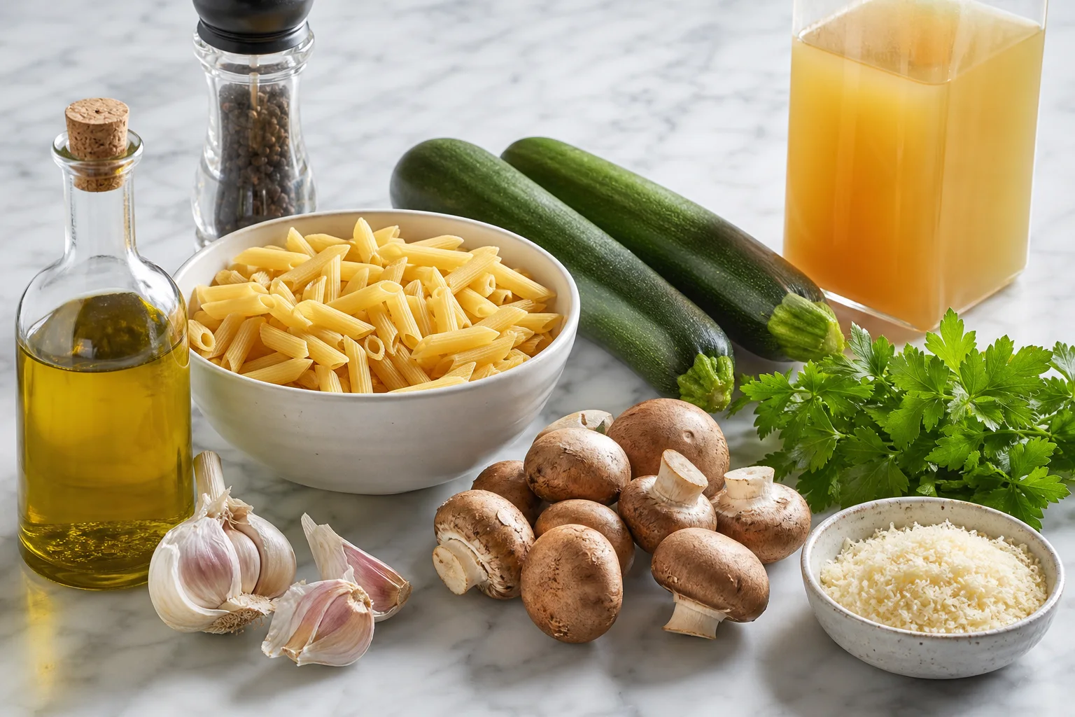 One-pot zucchini mushroom pasta ingredients including penne zucchini cremini mushrooms garlic olive oil vegetable broth and parmesan