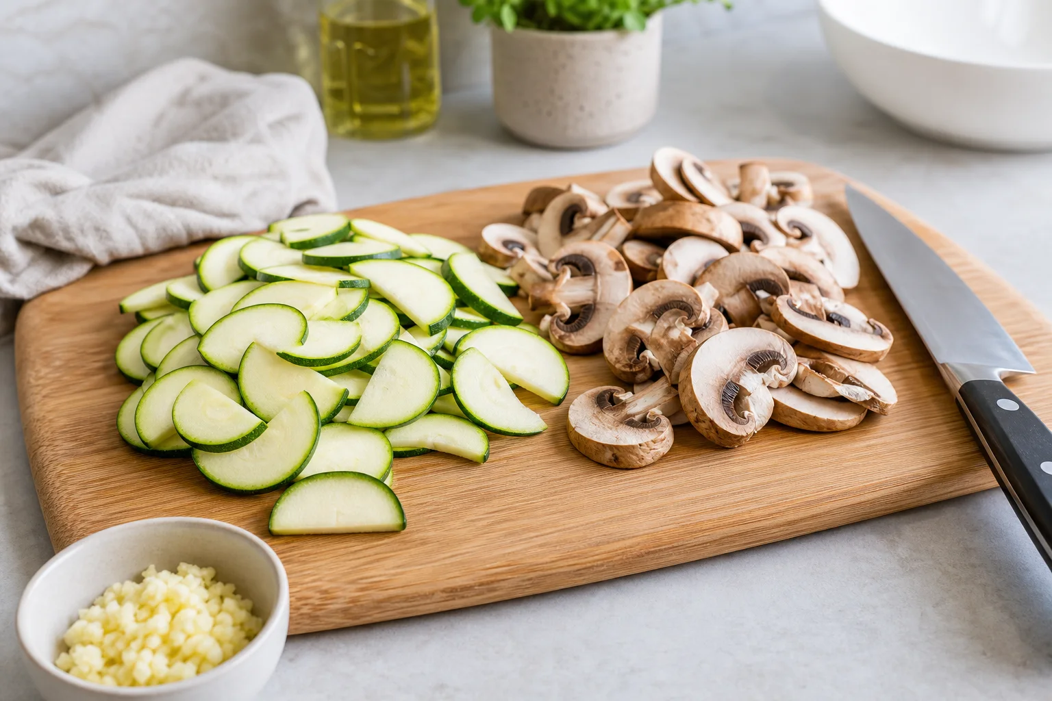 Sliced zucchini half-moons and cremini mushrooms on a wooden cutting board ready for one-pot pasta