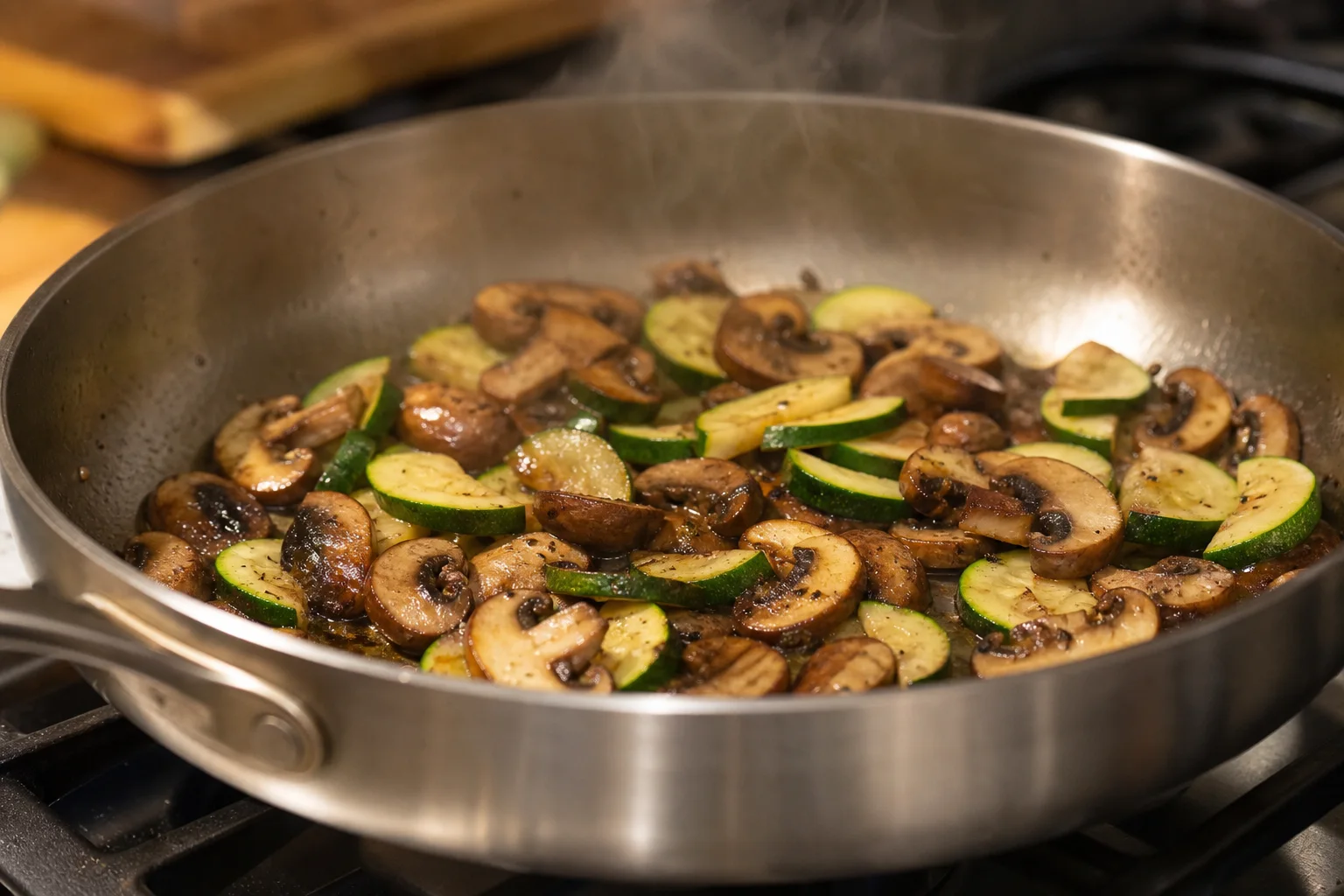 Sliced mushrooms and zucchini sautéing golden in a large skillet for one-pot pasta