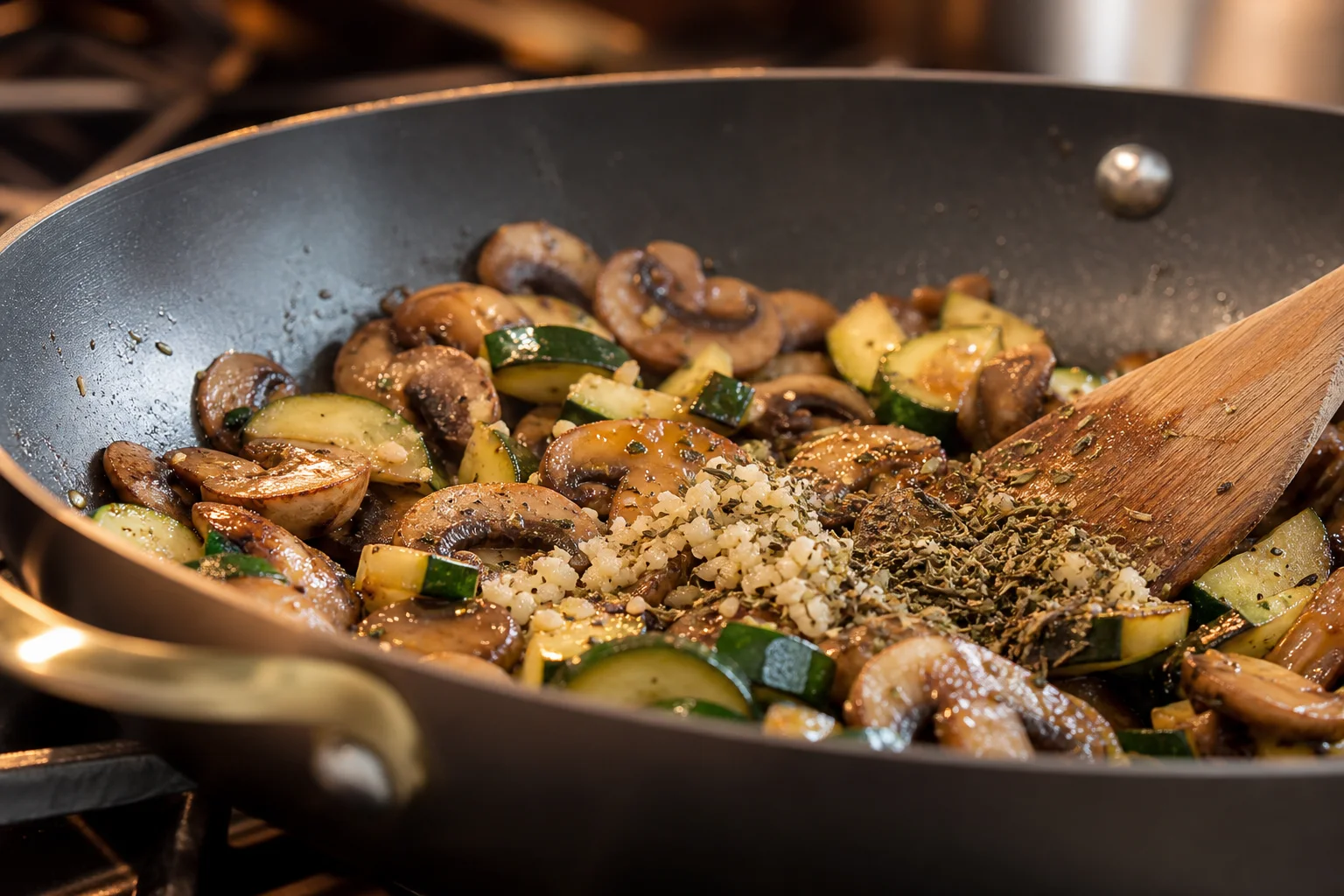 Minced garlic and Italian herbs blooming with sautéed mushrooms and zucchini in a skillet