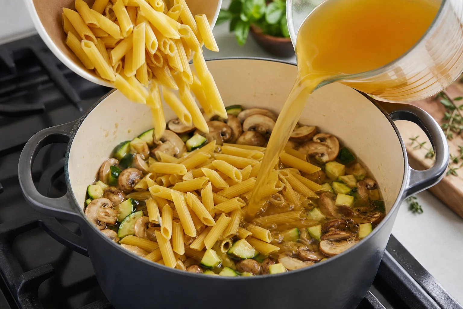 Dry penne pasta and vegetable broth being added to sautéed zucchini and mushrooms in a Dutch oven