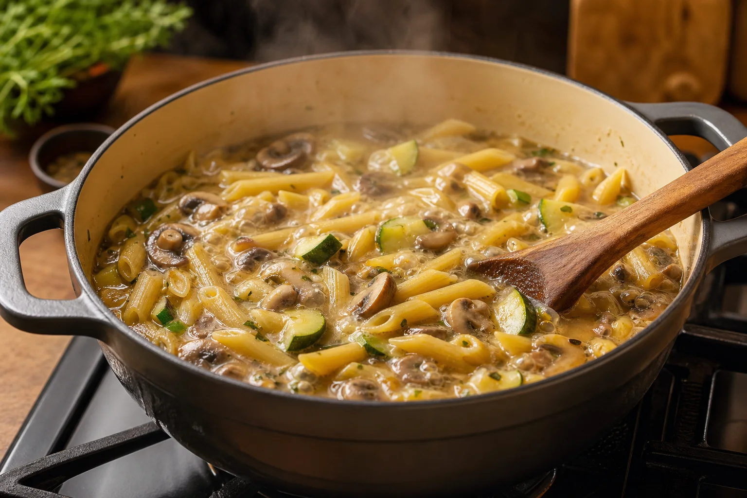 One-pot zucchini mushroom pasta simmering in a Dutch oven with penne absorbing broth