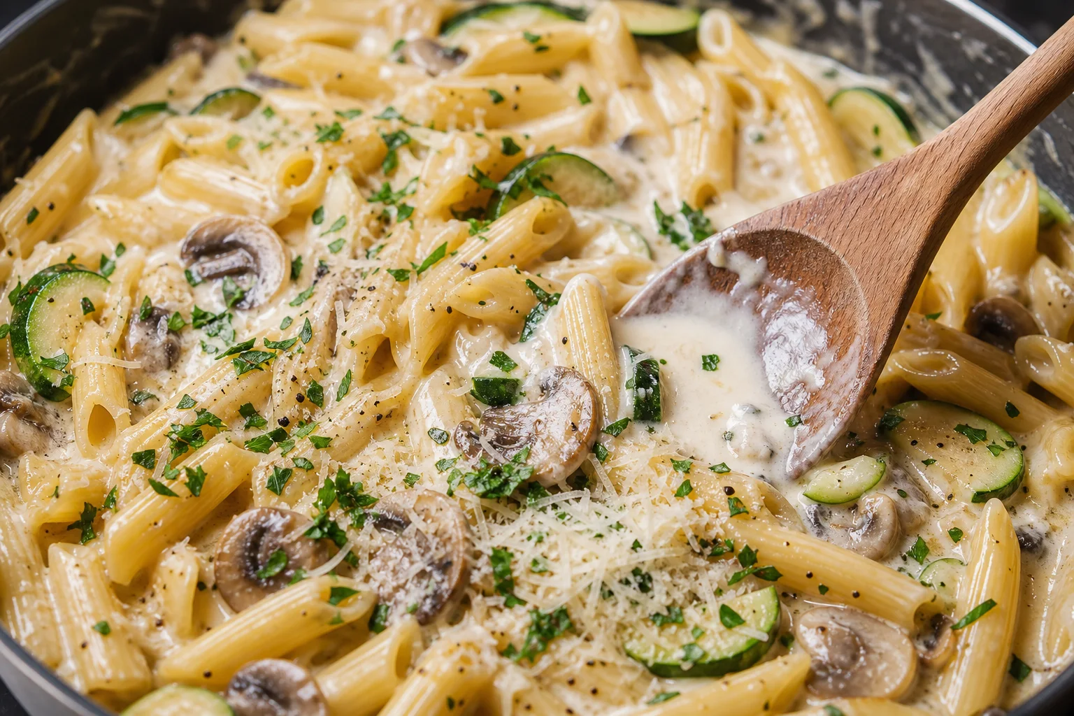 Finishing one-pot zucchini mushroom pasta with parmesan cream and fresh parsley in a skillet