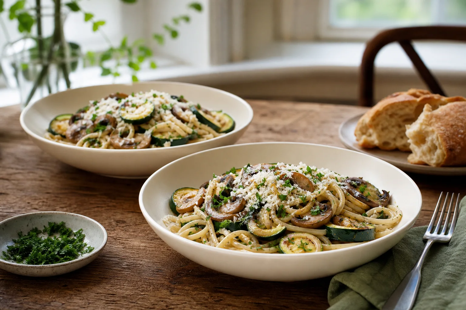 Bowls of one-pot zucchini mushroom pasta garnished with parmesan and parsley on a dining table