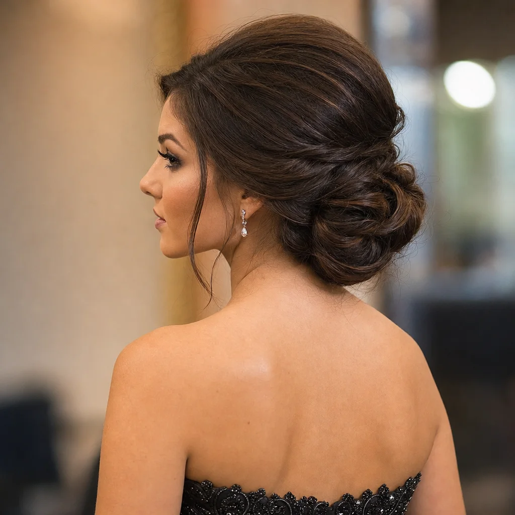 Elegant twisted chignon dance hairstyle on long brunette hair with soft glam makeup and formal dress