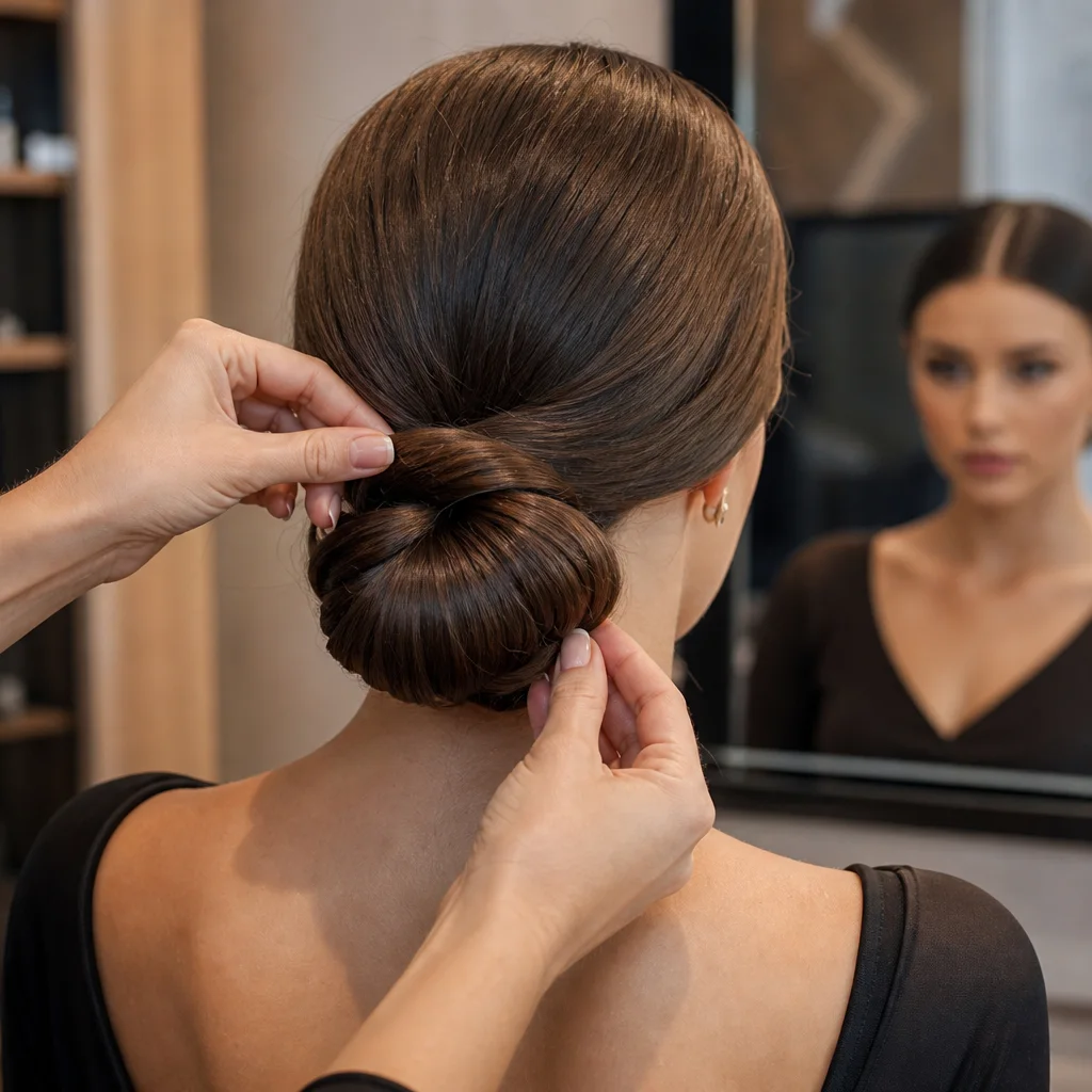 Hands twisting long hair into a low chignon bun at the nape for a formal dance hairstyle