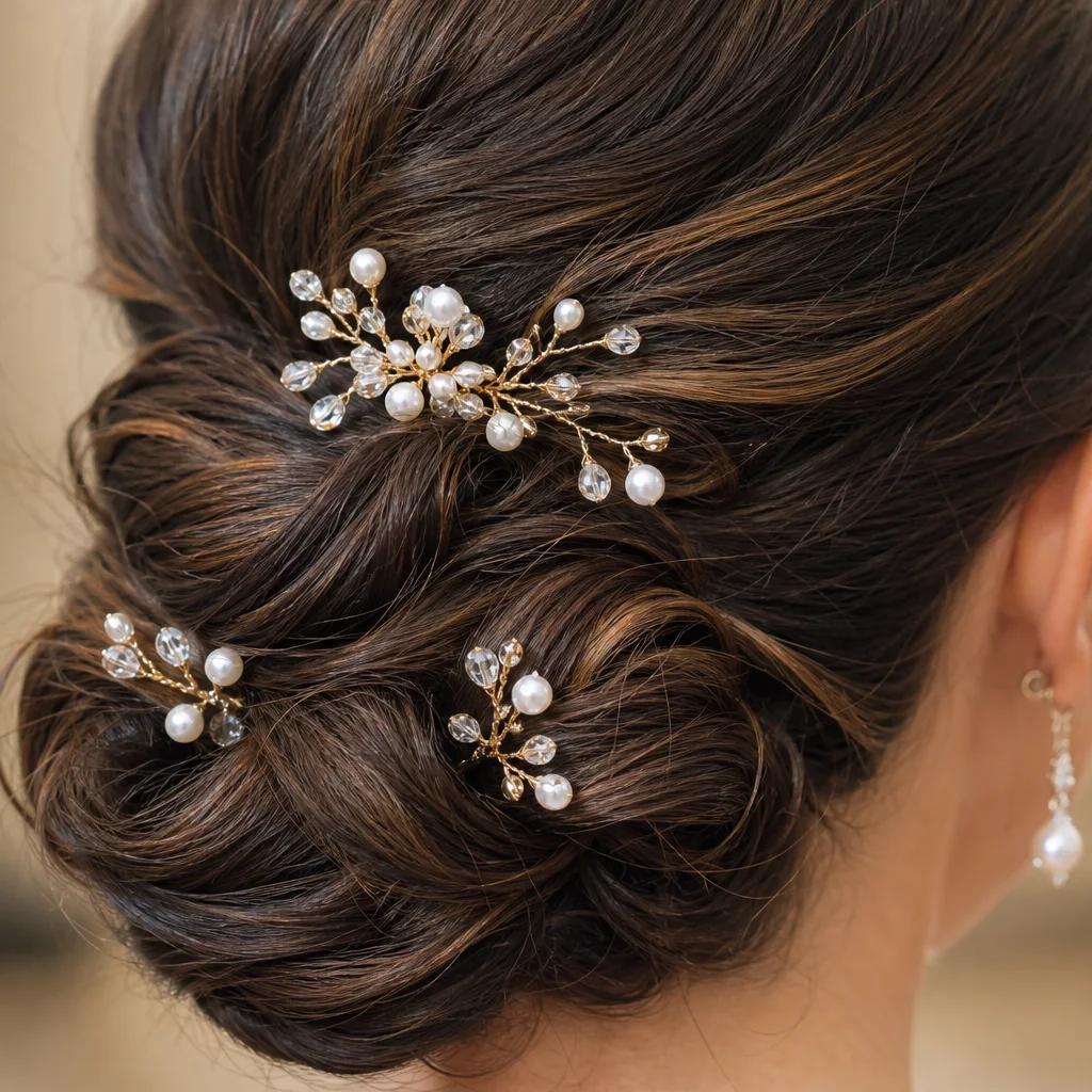 Close-up detail of pearl hairpins securing an elegant twisted chignon dance updo