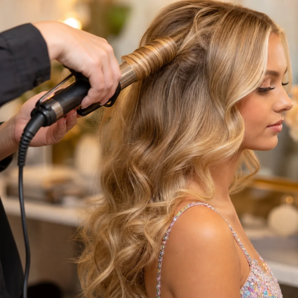Styling soft waves with a large barrel curling iron for a romantic dance hairstyle