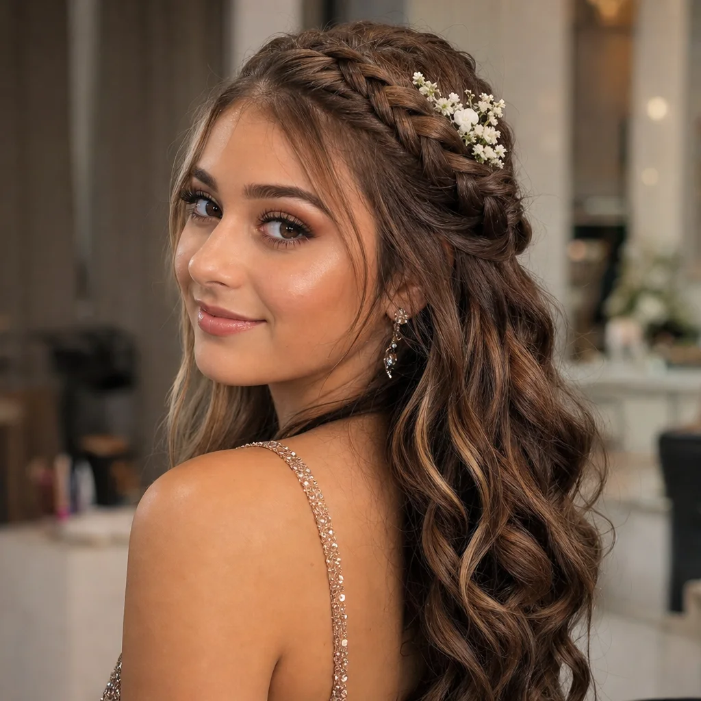 Braided half-up half-down dance hairstyle with loose waves and floral hair accessory