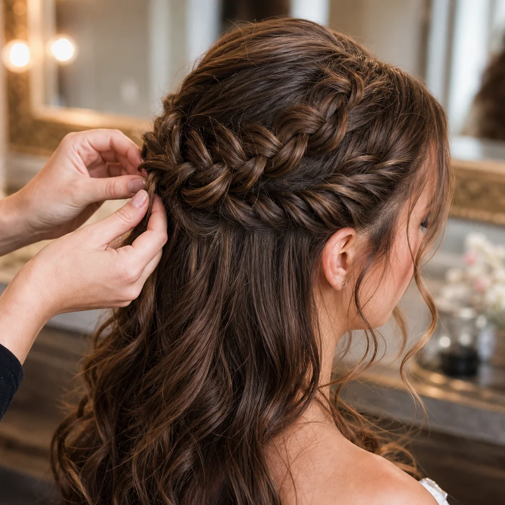Creating a loose crown braid for a half-up half-down formal dance hairstyle