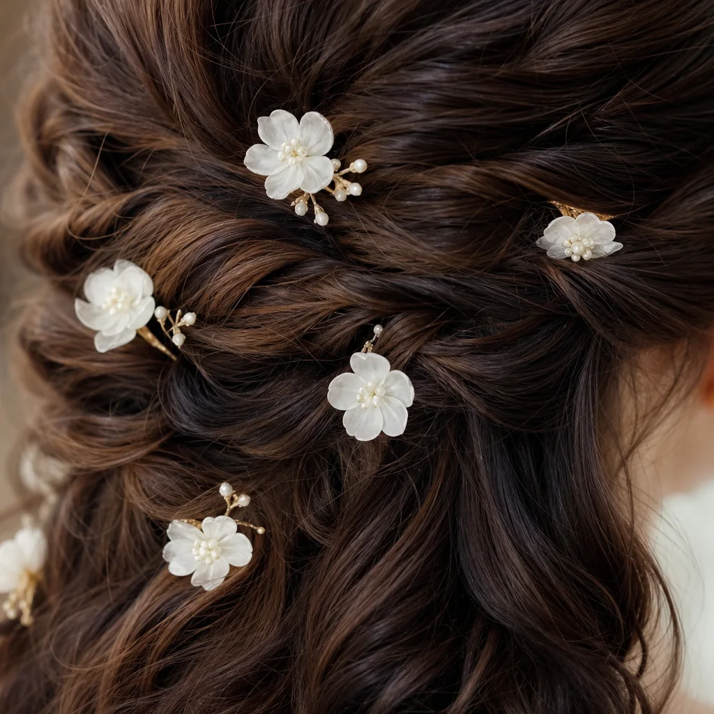 Close-up of small white flowers woven into a braided half-up dance hairstyle