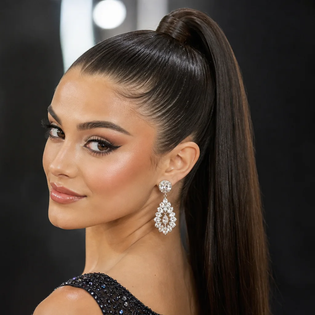 High sleek ponytail dance hairstyle with glossy straight hair and wrapped base