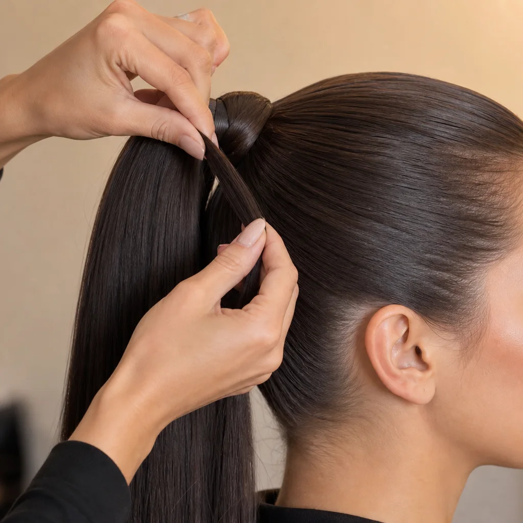 Wrapping a hair section around the base of a high sleek ponytail for a dance hairstyle
