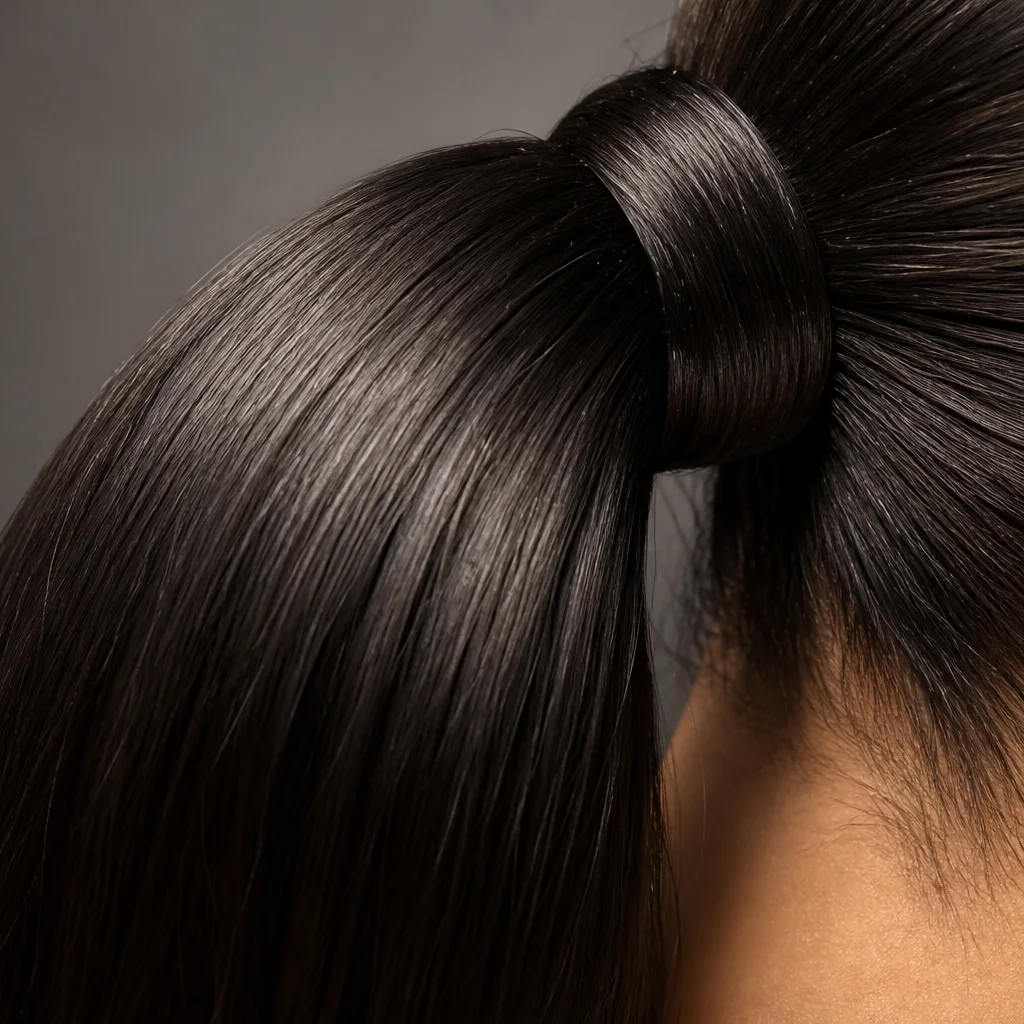 Close-up of glossy sleek ponytail texture and wrapped hair tie on a formal dance hairstyle