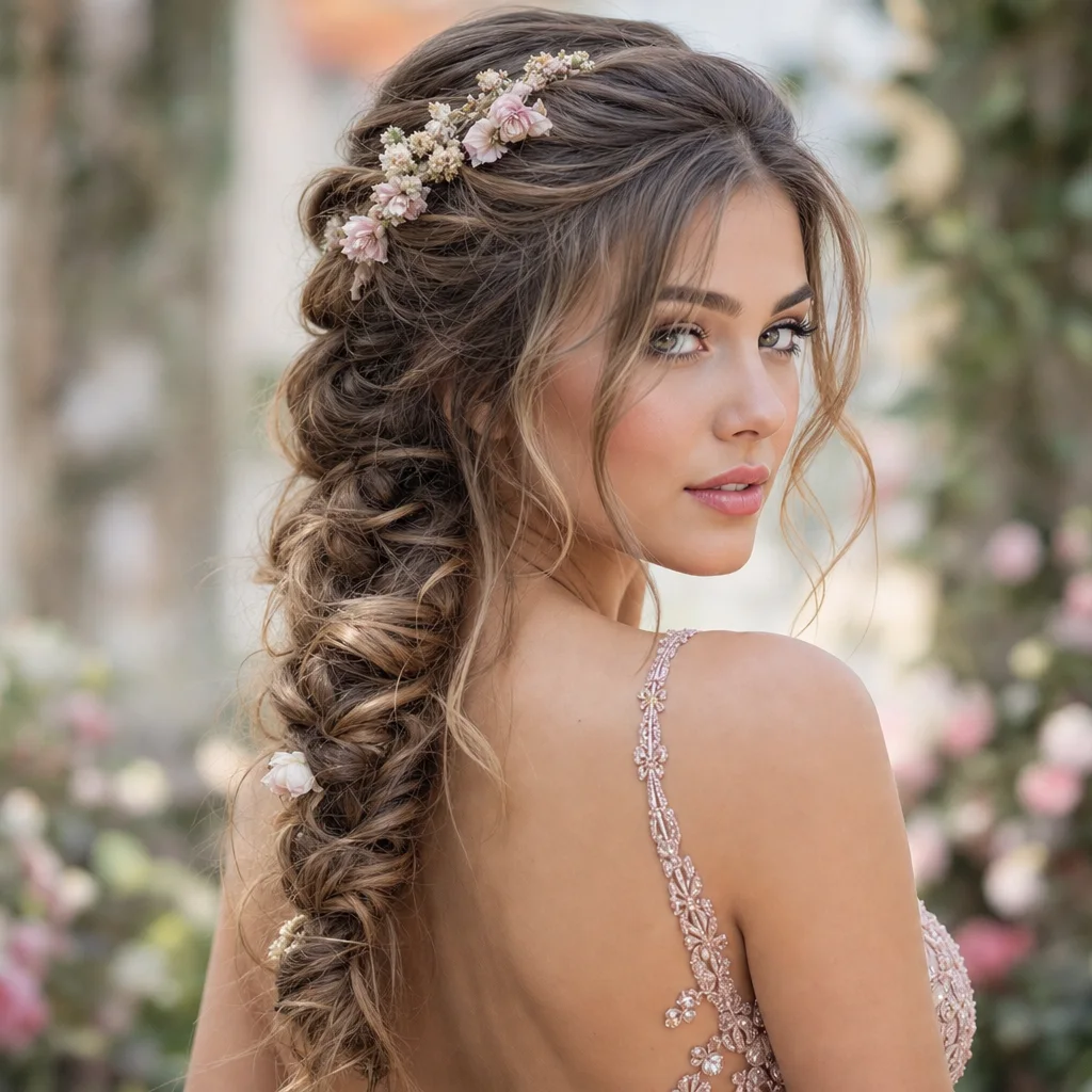 Boho fishtail braid dance hairstyle with loose pulled texture and flower crown accent