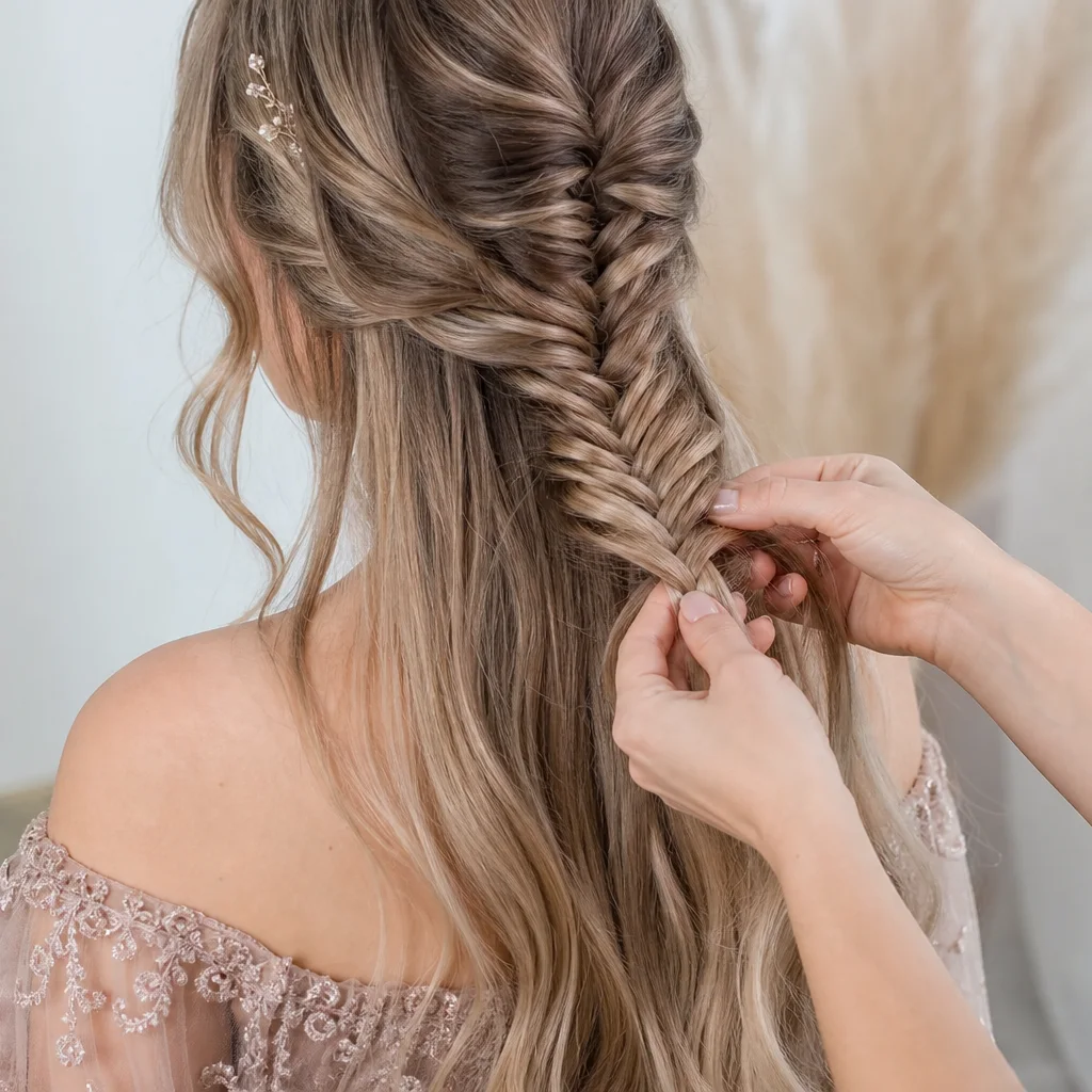 Hands weaving a fishtail braid for a boho formal dance hairstyle tutorial