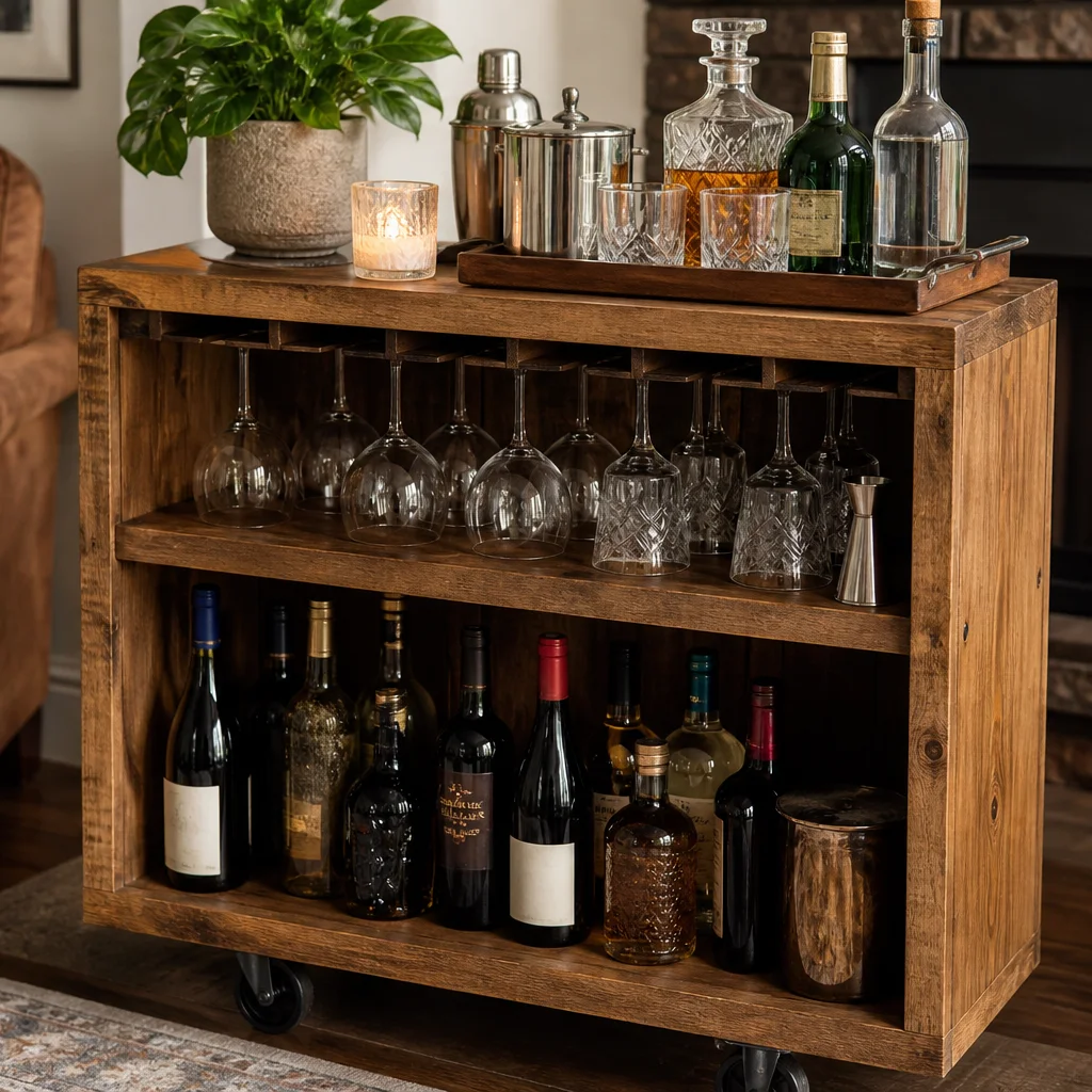 DIY bar cart made from a small bookshelf on casters with wine glasses and bottles styled on shelves