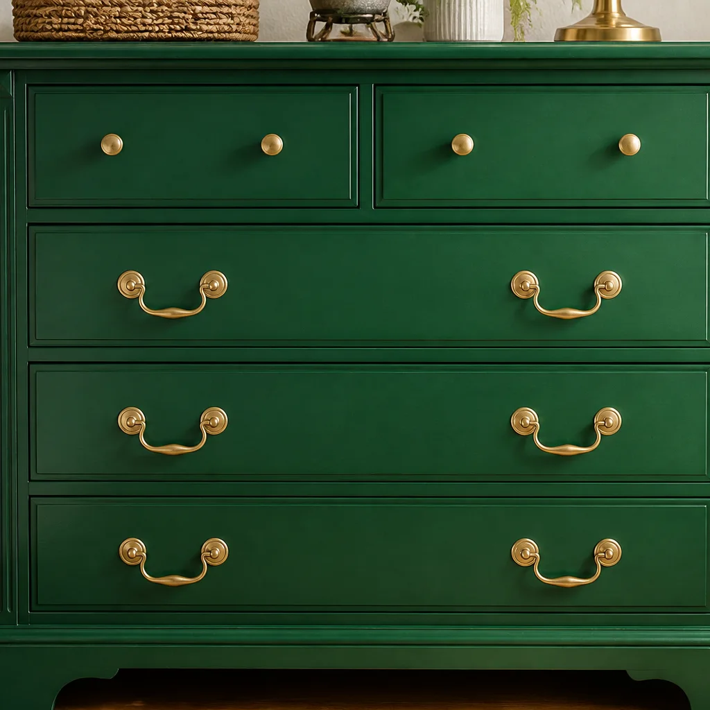 Bold emerald green painted vintage dresser with new brass hardware in a bright bedroom