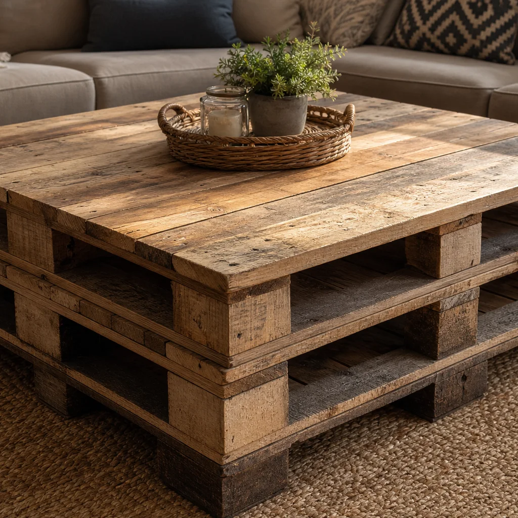 Rustic DIY coffee table built from reclaimed wooden pallets in a cozy living room