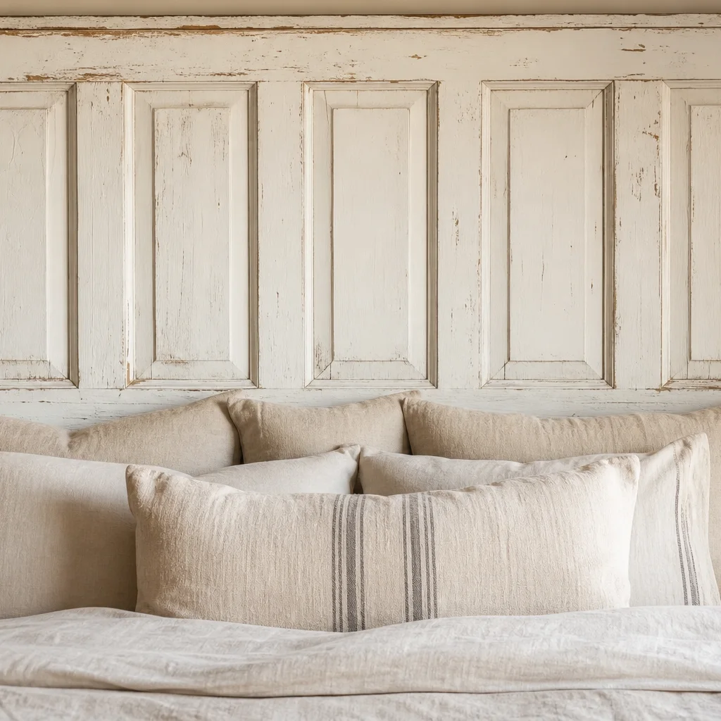 Vintage white painted door used as a unique headboard above a neutral bedding setup