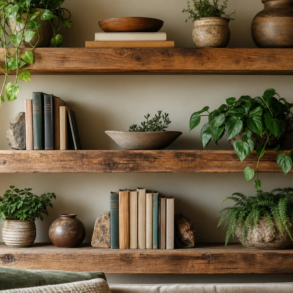Reclaimed wood floating shelves on a living room wall styled with plants and books