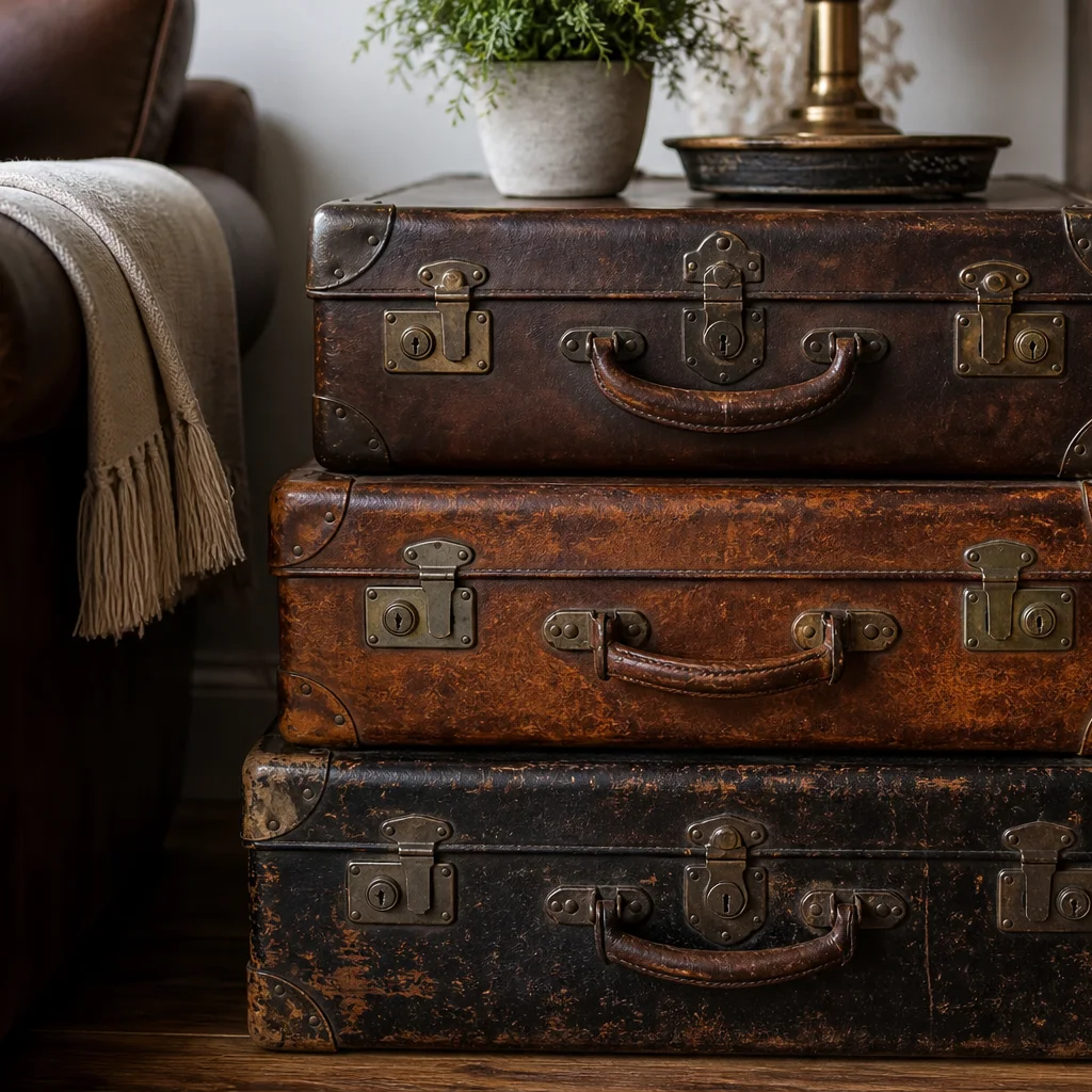 Stacked vintage leather suitcases used as a charming side table next to a sofa