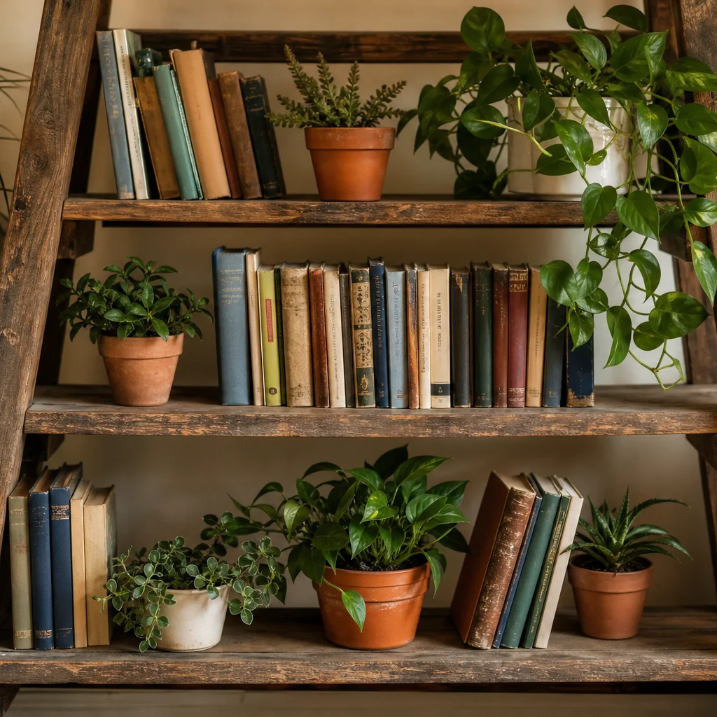 Repurposed wooden ladder bookshelf leaning against a wall with books and potted plants