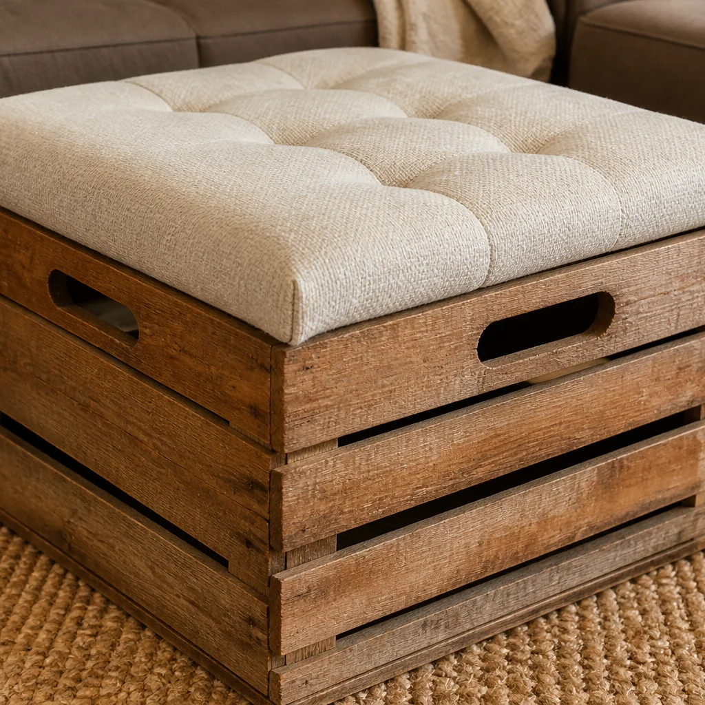 DIY ottoman made from a wooden crate with upholstered cushion top in a living room