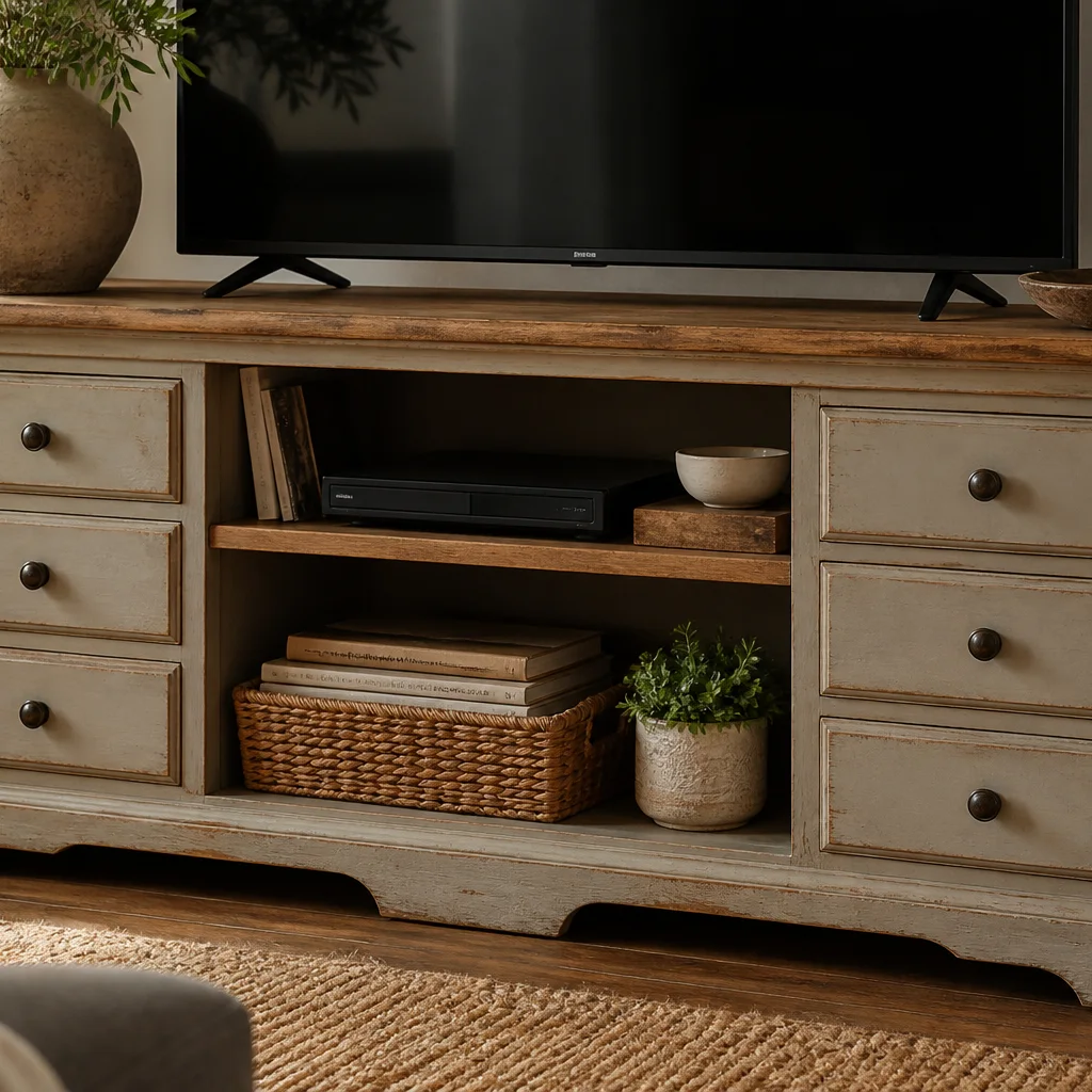 Upcycled dresser converted into a TV stand with open shelving and styled media accessories