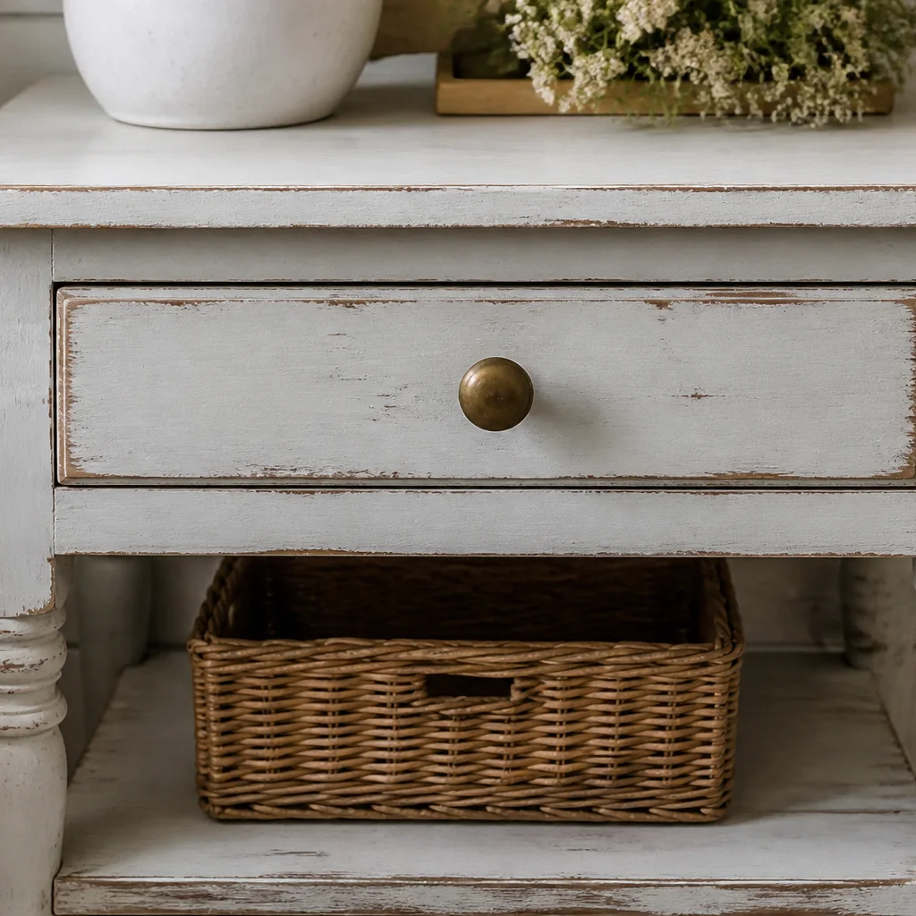 Chalk painted distressed side table with sanded edges and vintage brass knob in farmhouse room