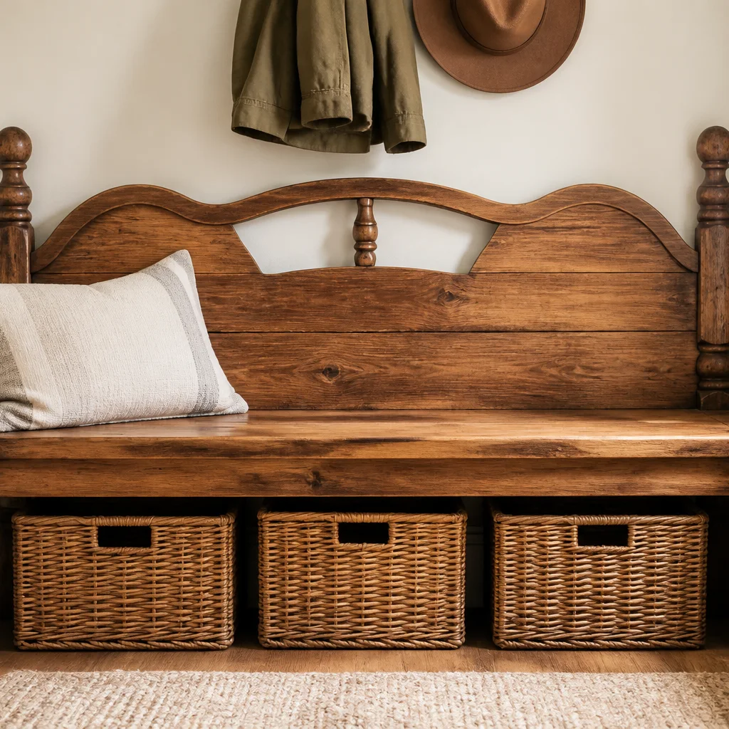 DIY entryway bench built from repurposed vintage bed frame wood with storage baskets below