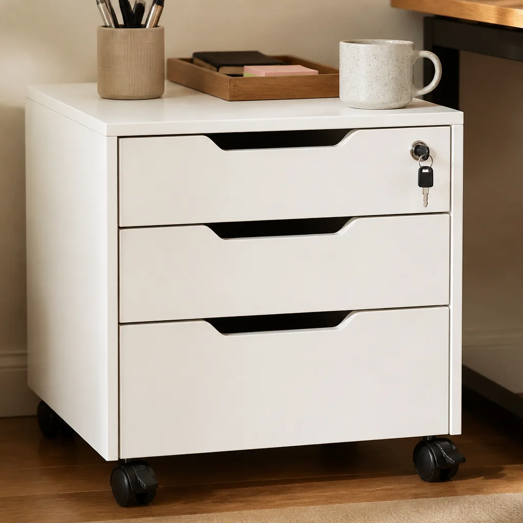 Small white cabinet on locking casters in a home office with supplies on top