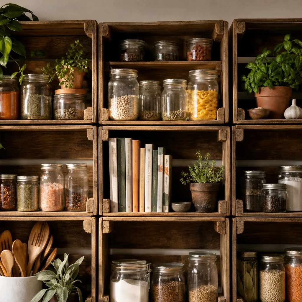 Wine crates mounted on a kitchen wall as open storage for jars spices and cookbooks