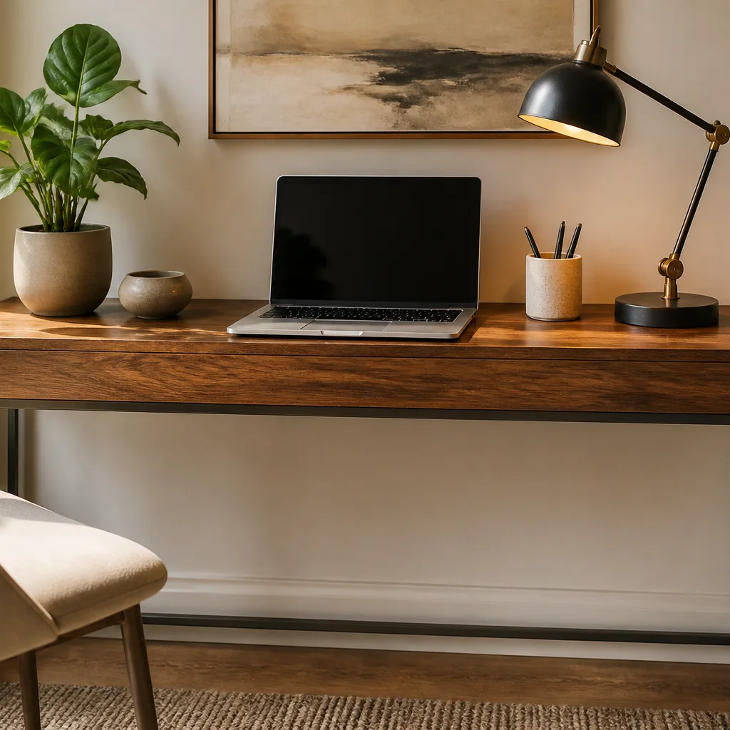 Narrow console table styled as a compact home office desk with laptop and task lamp