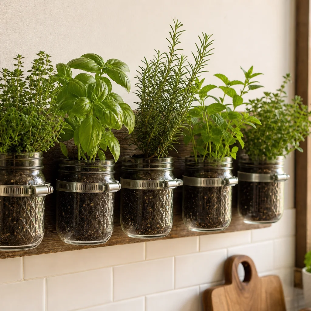DIY hanging herb garden with mason jars on wooden plank mounted in a bright kitchen
