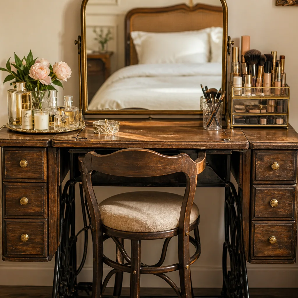 Vintage sewing table repurposed as a bedroom vanity with mirror and makeup organizers
