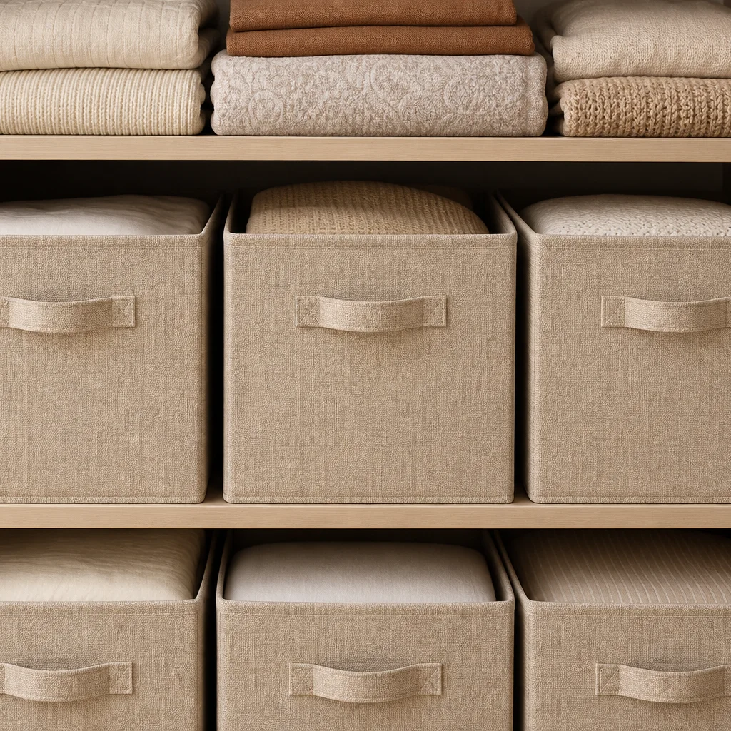 Fabric covered storage boxes on open shelves in a organized closet with folded linens