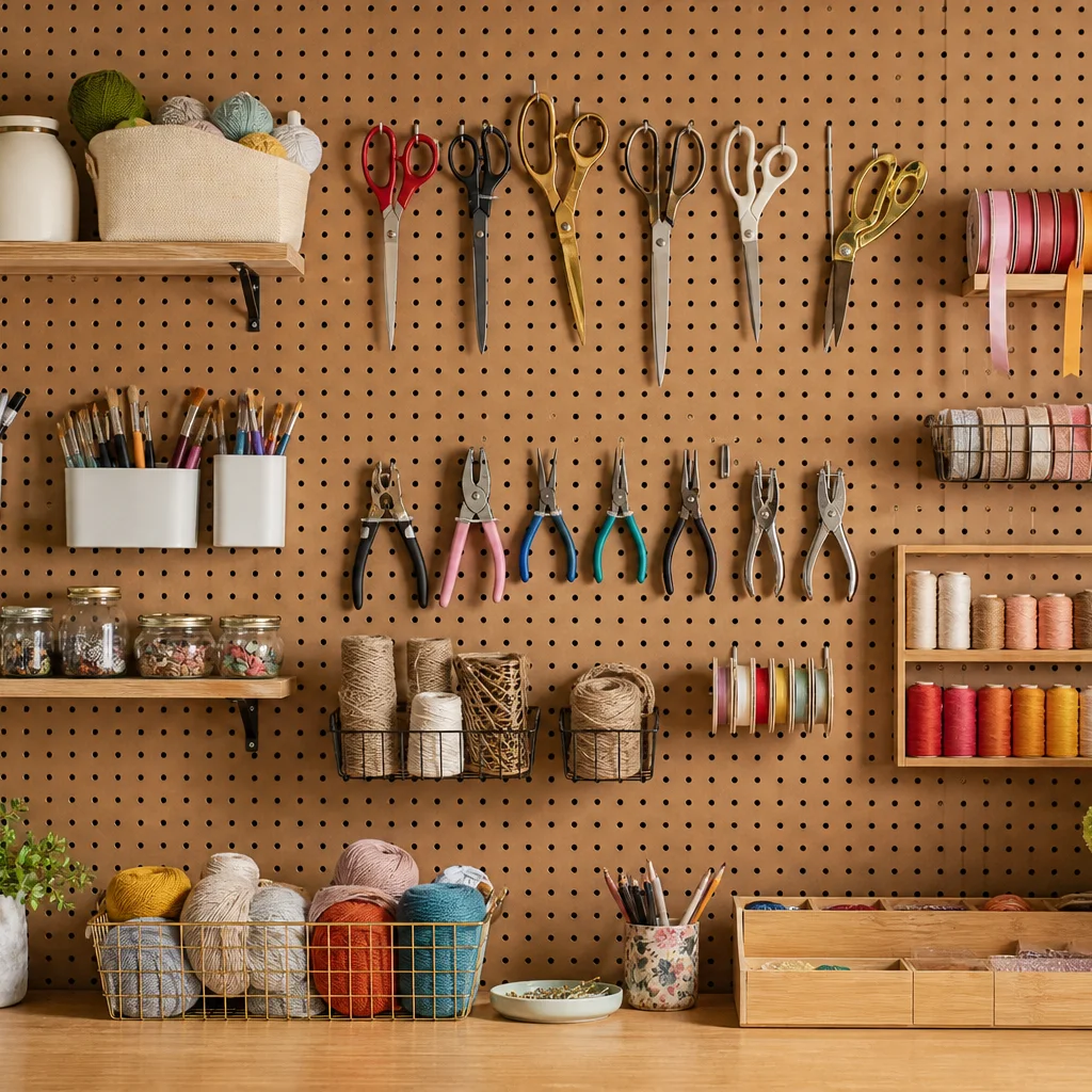 Organized DIY pegboard wall with craft tools scissors ribbon and small shelves in craft room