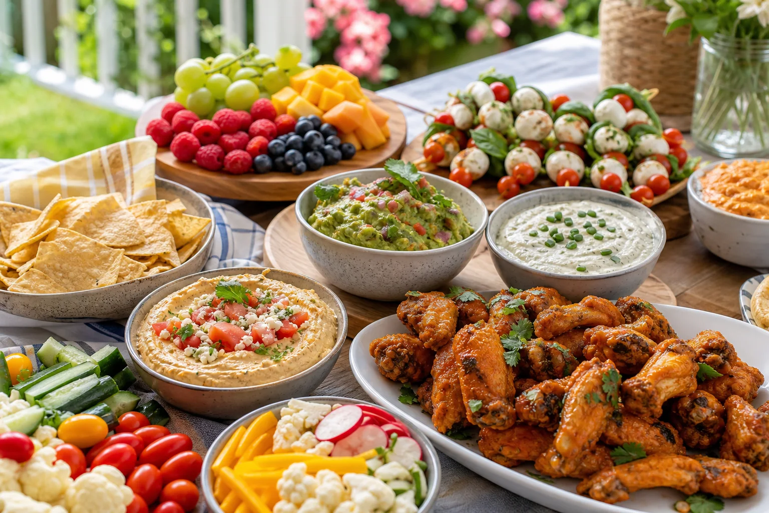 Mouthwatering party appetizer spread with dips skewers wings and colorful finger foods on a summer table