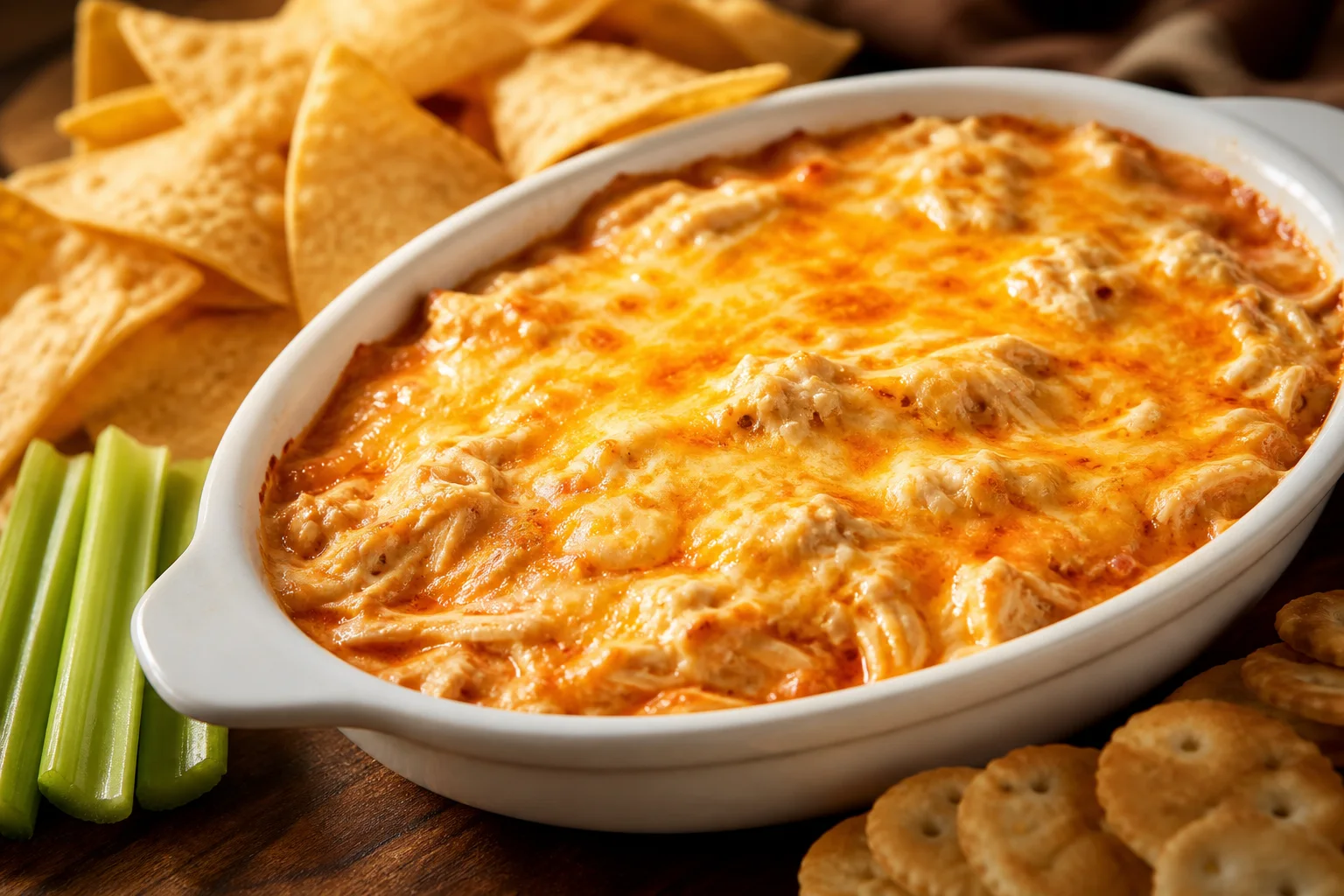 Creamy spicy buffalo chicken dip in a baking dish served with tortilla chips celery and crackers