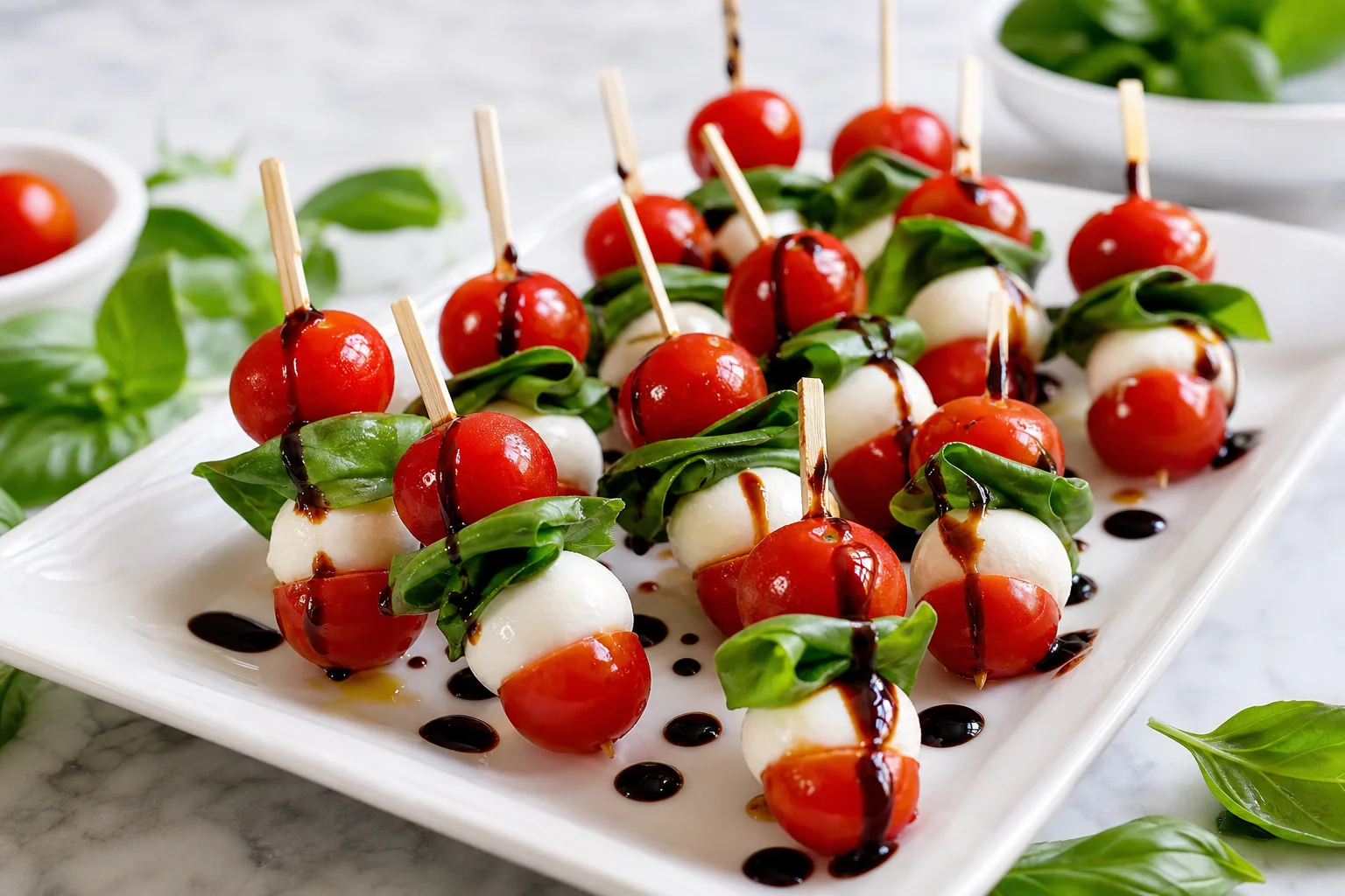Mini caprese skewers with cherry tomatoes mozzarella balls basil leaves and balsamic glaze drizzle