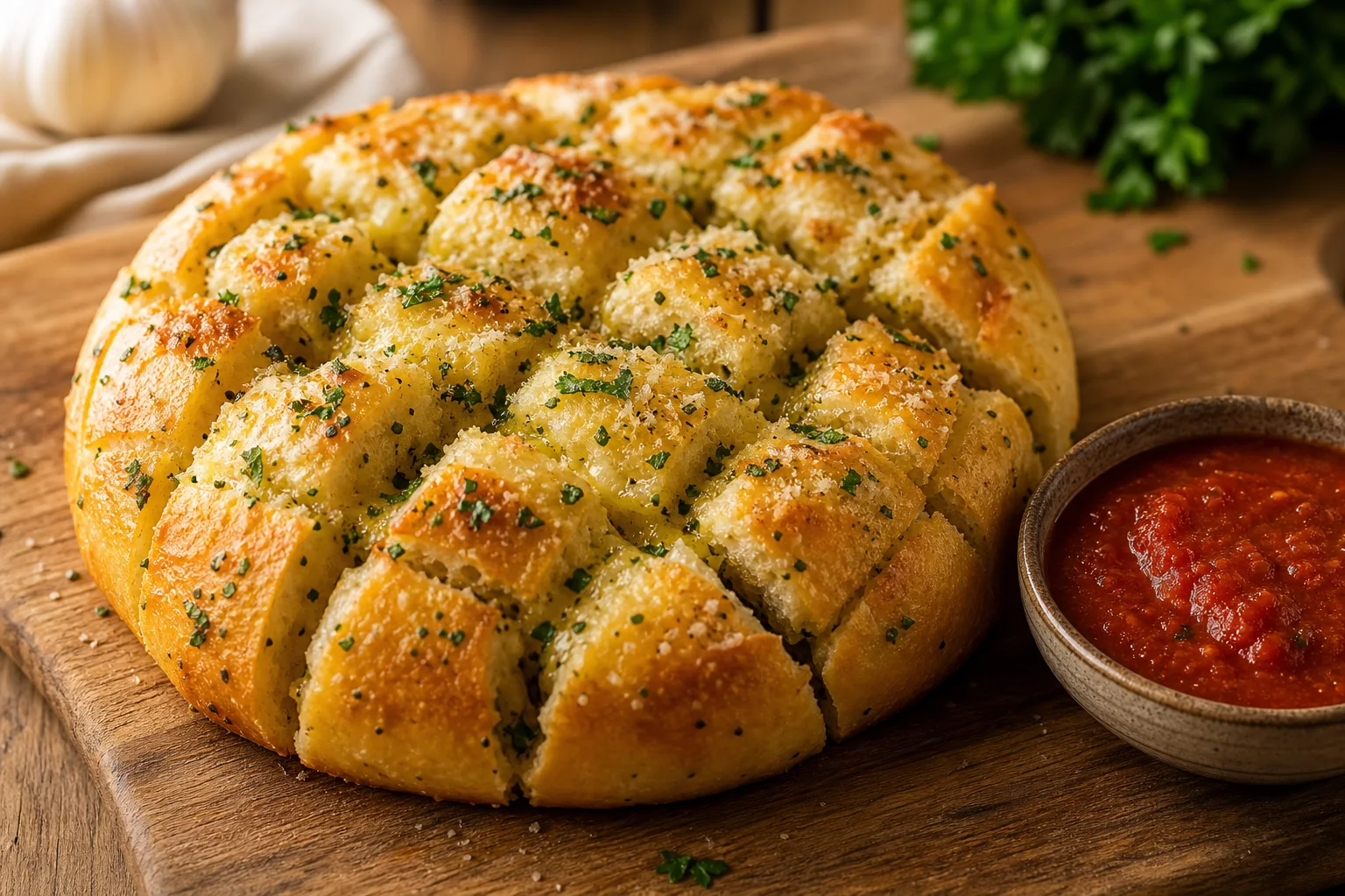 Golden garlic parmesan pull-apart bread on a wooden board with marinara dipping sauce