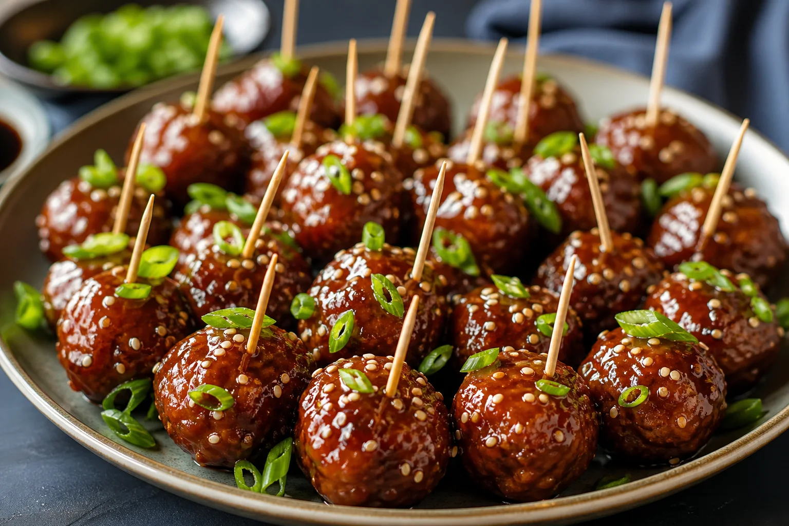 Teriyaki glazed meatball bites on a party platter garnished with sesame seeds and green onion
